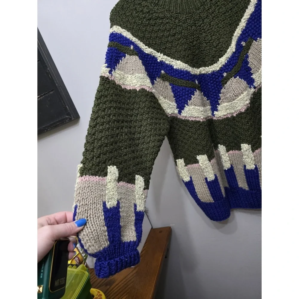 Vintage Novo Hand Knit Wool Blend Sweater Geometric Chunky Olive Blue Large